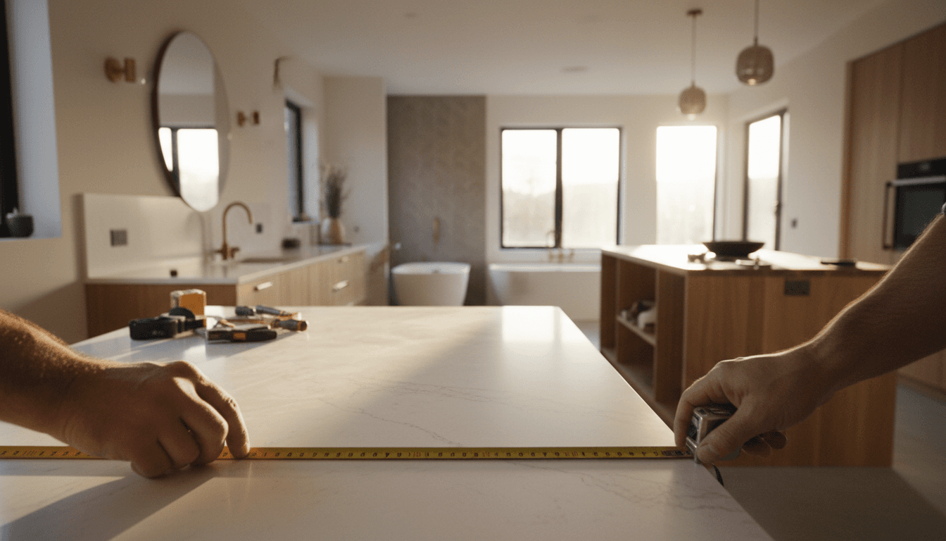 Master carpenter measuring a countertop in a freshly remodeled Salem kitchen
