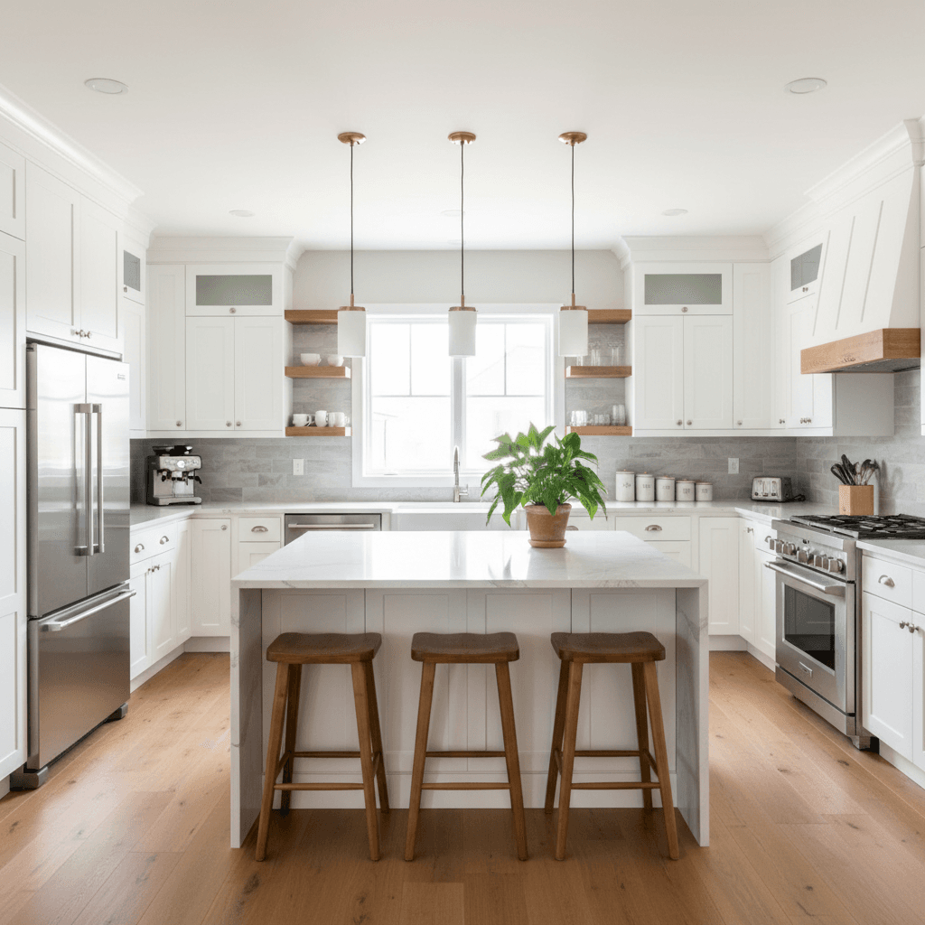 Bright modern kitchen with white cabinets and a large island