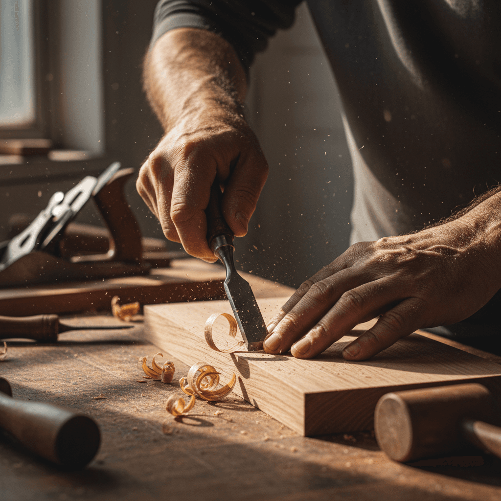 Builder's hands guiding a chisel on a wooden workbench