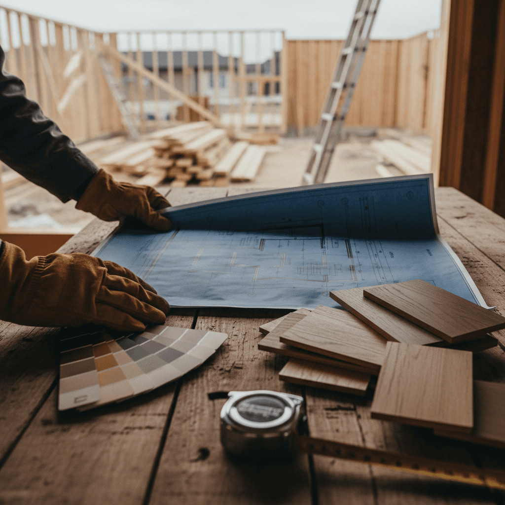 Contractor reviewing blueprints for a project estimate