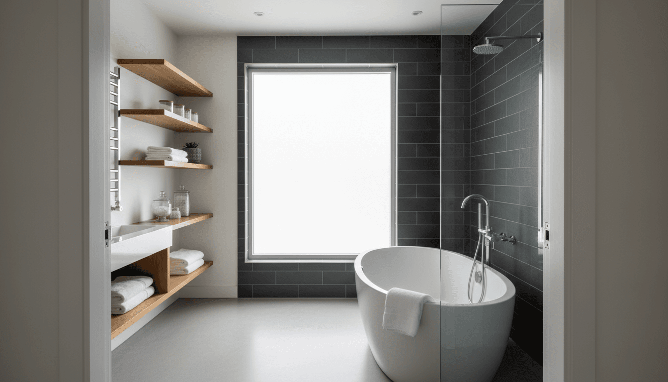 Freestanding tub in a finished bathroom renovation