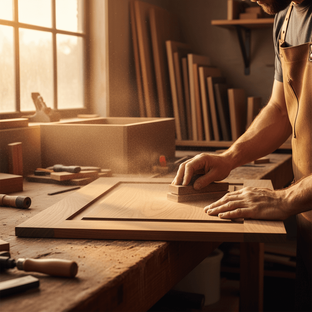 Carpenter installing custom cabinet doors
