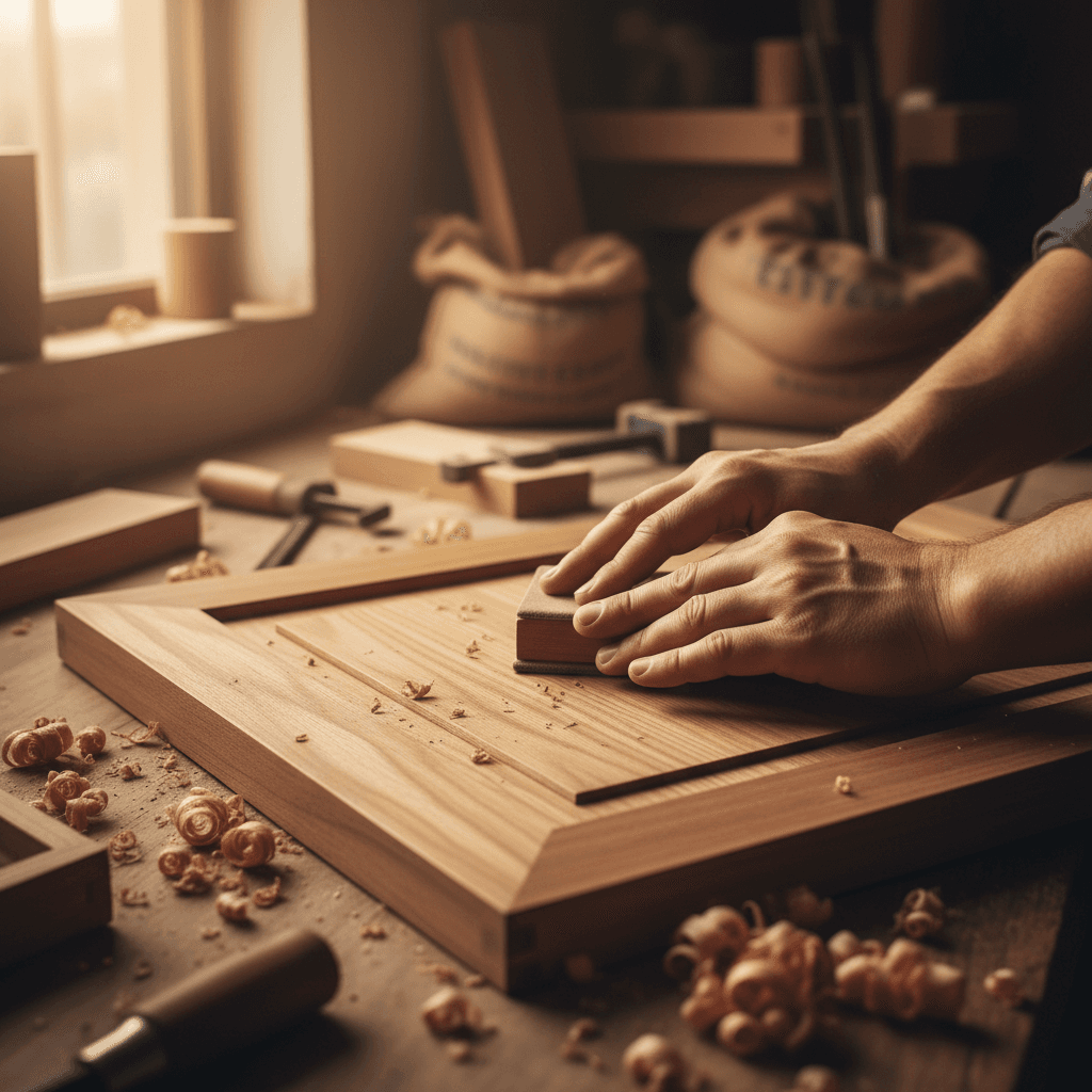 Carpenter's hands sanding a wooden cabinet edge