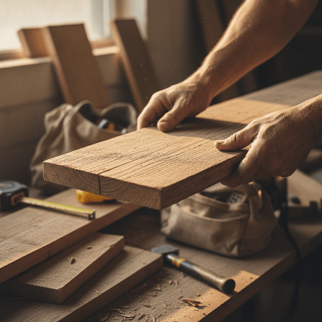 Contractor's hands measuring lumber on a sunny renovation site